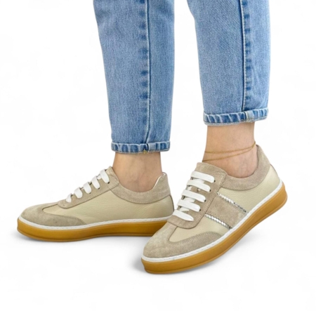 Дамски спортни обувки в комбинация естествена кожа и естествен велур бежови 212