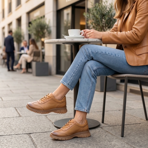 Дамски спортни обувки от естествена кожа камел 25622 D 006