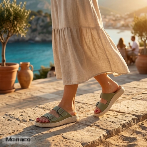 Дамски ежедневни чехли от естествена кожа зелени CF0260