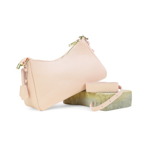 Дамска елегантна чанта от естествена кожа пудра 250120-1