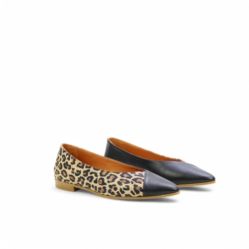 Дамски равни обувки от естествена кожа в черно и леопард 151088