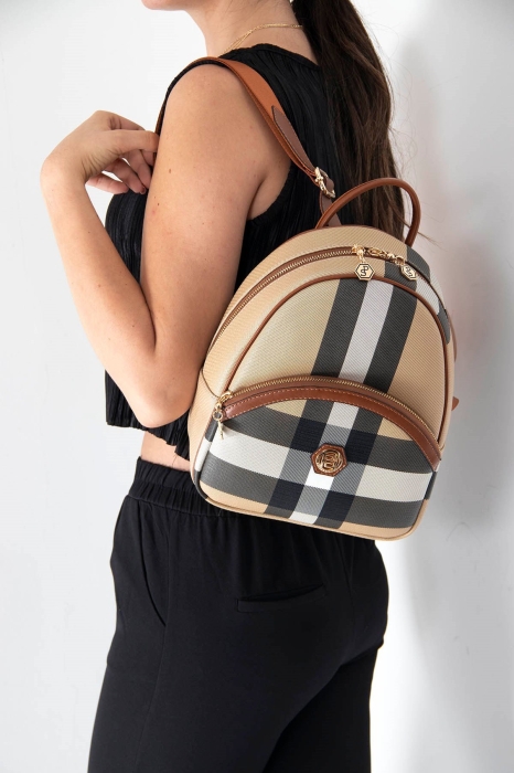 Дамска раница в черно и бежово 945 M80 Kareli ekose Silver&Polo