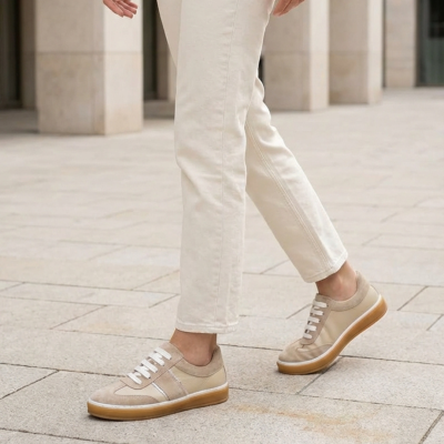 Дамски спортни обувки в комбинация естествена кожа и естествен велур бежови 212