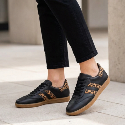 Дамски спортни обувки от естествена кожа в черно и леопард 2324