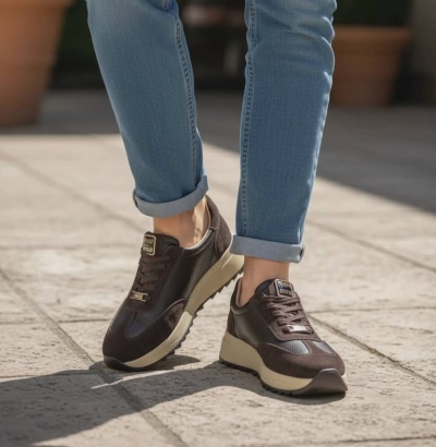 Дамски спортни обувки в комбинация естествена кожа и естествен велур кафяви 416