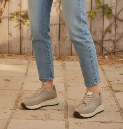 Дамски спортни обувки в комбинация естествена кожа и естествен велур бежови 416