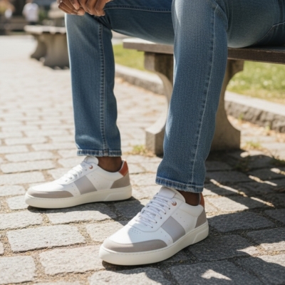 Мъжки спортни обувки от естествена кожа в бяло и сиво 3680 Baerchi