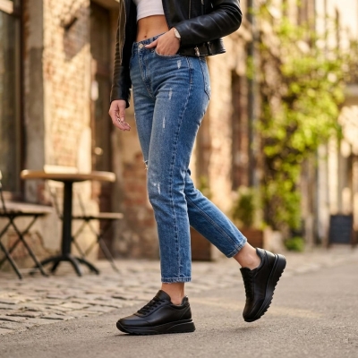 Дамски спортни обувки от естествена кожа черни 606