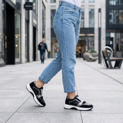 Дамски спортни обувки от естествена кожа в черно и сребро 120