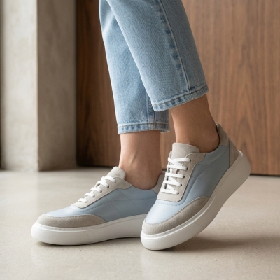 Дамски спортни обувки от естествена кожа в сиво и синьо 914