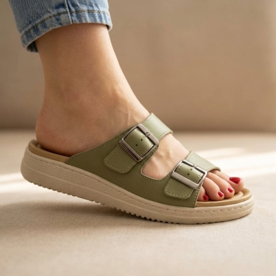 Дамски ежедневни чехли от естествена кожа зелени CF0260