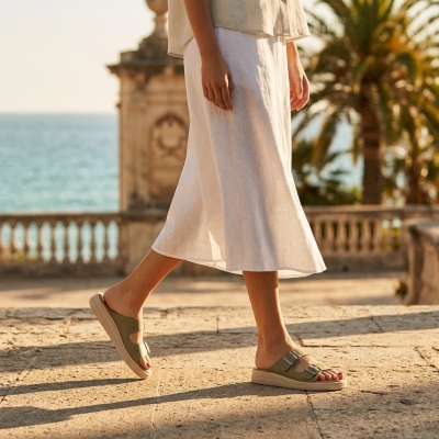 Дамски ежедневни чехли от естествена кожа зелени CF0260