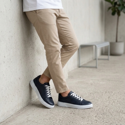 Мъжки спортни обувки от естествена кожа тъмно сини 106-010